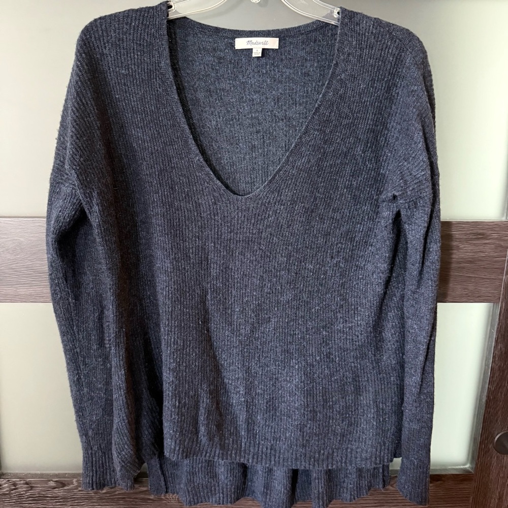 Madewell Woodside Wool Blend dark grey, V-neck, ribbed pullover, Cardigan